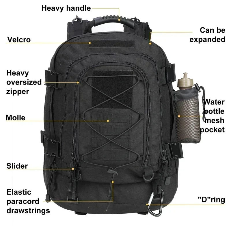 60L XL Tactical Backpack — MOLLE, Water-Resistant, Laptop Compartment