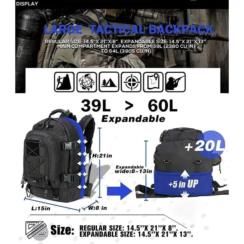 60L XL Tactical Backpack — MOLLE, Water-Resistant, Laptop Compartment